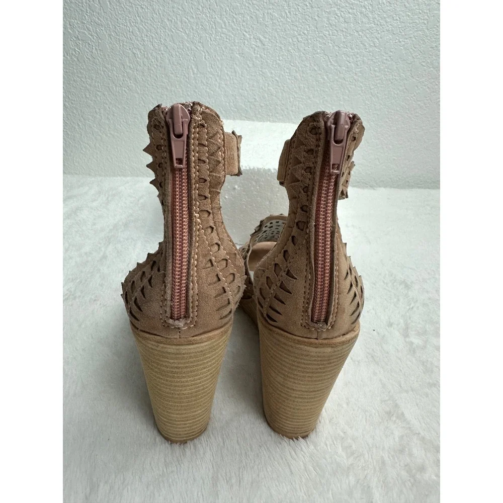 Jeffrey Campbell Tan Suede Laser Cut‎ Wedge Sandals Ankle Strap Brown Size 9.5